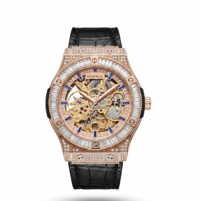 Luxury Watch With Rubber Strap - ساعة ميكانيكية هيكلية ذهبية وردية من